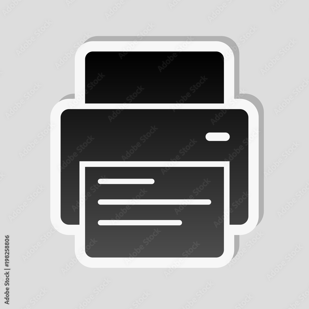 Poster printer and paper. sticker style with white border and simple shadow on gray background