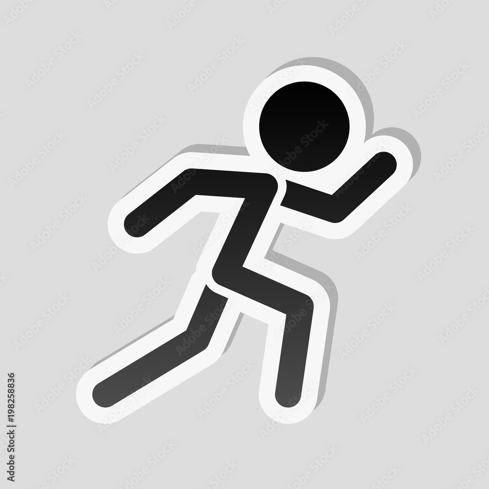Poster running man. simple icon. sticker style with white border and simple shadow on gray background