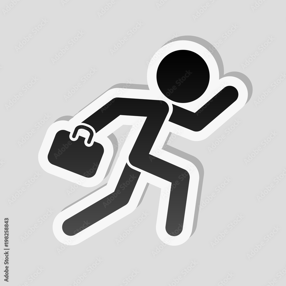 Poster running man with case. sticker style with white border and simple shadow on gray background