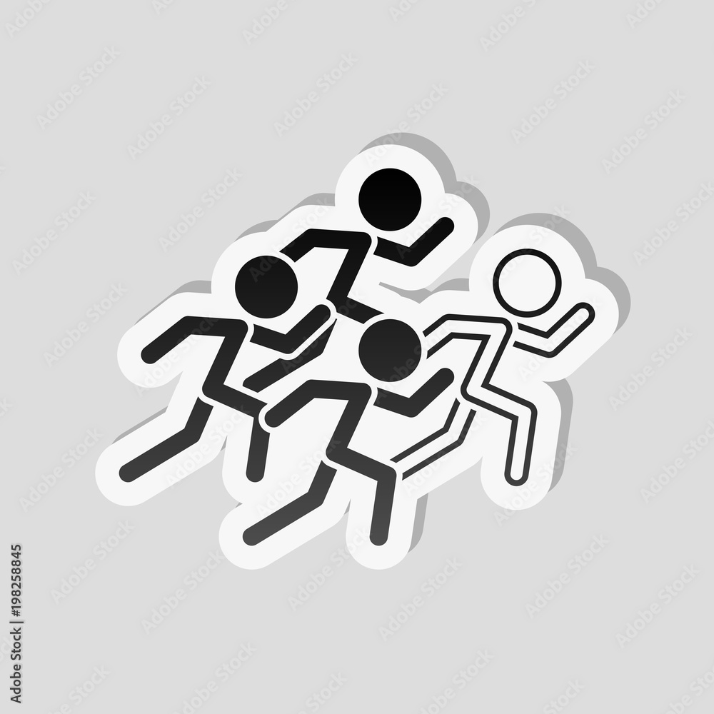 Poster running people. team with leader. sticker style with white border and simple shadow on gray backgrou