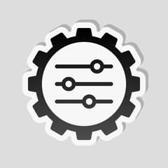 setting icon in gear. Sticker style with white border and simple shadow on gray background
