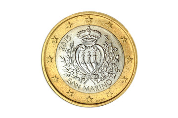 Italian coin of one euro close-up of San Marino state in Italy, head side. Isolated on white studio background.