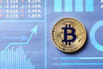 Golden bitcoin on chart. Finance trading