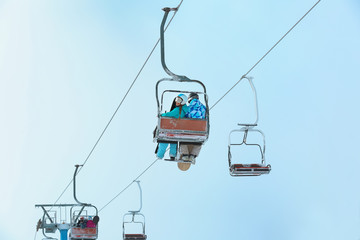 Ski lift at mountain resort. Winter vacation