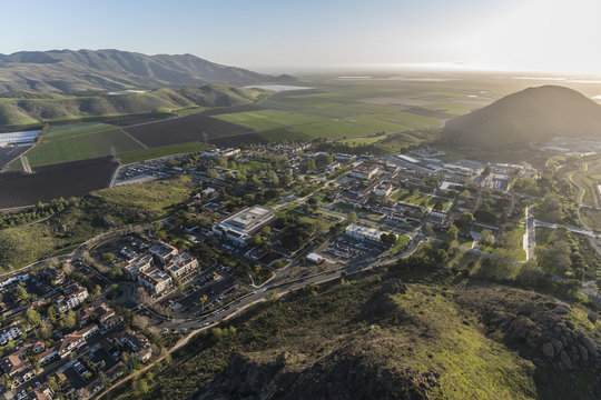 Aerial View Of Farm Fields And California State University Channel Islands Campus In Camarillo California.