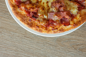 Delicious italian pizza served on wooden table