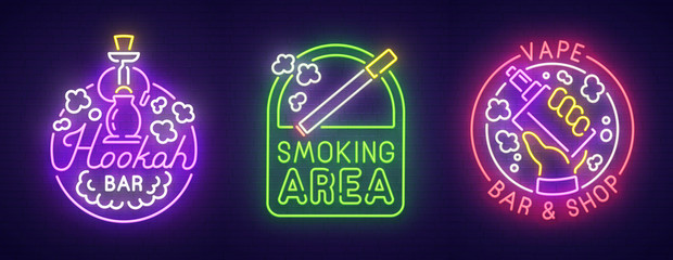 Big set neon sing. Smoke, Vape and Hookah bar . Smoking banner, logo, emblem and label. Bright signboard, light banner. Vector illustration