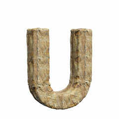 Detailed warm rough rock upper case u on a pure white background. This is a 3d render.
