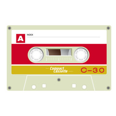 Old school compact cassette tape, eightees design.