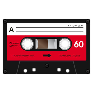 Vintage audio cassette tape design, flat illustration.