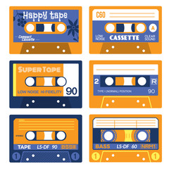 Old times audio cassettes set. Retro music recording technology.