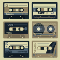 Retro cassettes set. Old technology records, plastic cassettes