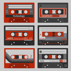 Vintage cassettes set, audio records on tape.