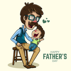 Cheerful father with glasses and mustache playing with his son holding him on his legs next to a text of Happy Father's Day. vector illustration