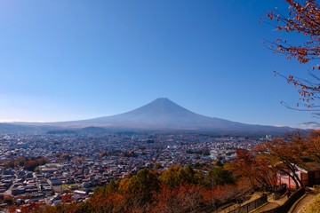 Beautiful Fuji mountain in autumn season with clear sky background at Japan 