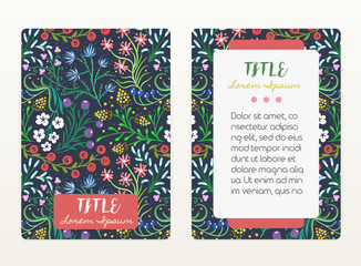 Cover design with floral pattern. Hand drawn creative flowers. Colorful artistic background with blossom. It can be used for invitation, card, cover book, notebook. Size A4. Vector illustration, eps10