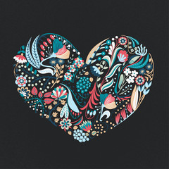 Floral heart. Hand drawn creative flowers. Romance. Colorful artistic background with blossom. Abstract herb. Valentine card, postcard, banner, poster, print on clothes. Vector illustration, eps10