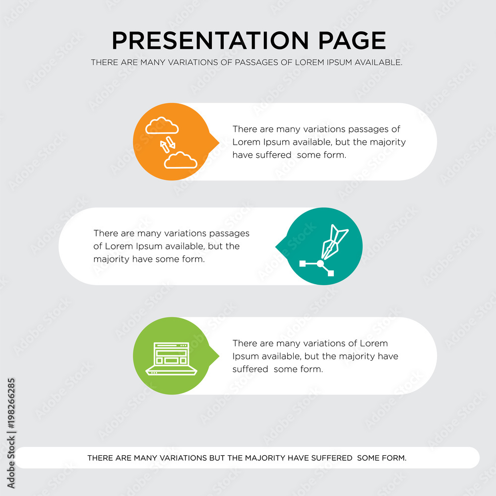 Poster blocks in browser, pencil, database mirroring presentation design template in orange, green, yellow 