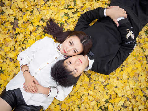 High Angle View Of Couple Of Chinese Young People Lying On Autumn Ground Covered With Golden Ginkgo Leaves, Full Of Love, Lover Concept.