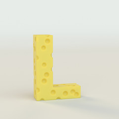 Swiss cheese upper case L. 3d rendered in a white studio.