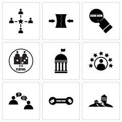 Set Of 9 simple editable icons such as earthquake, book now, discussion board, customer experience, municipal, number of players, book now, elastic, customer experience, can be used for mobile, web UI