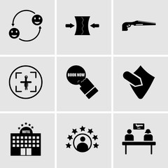 Set Of 9 simple editable icons such as travel agent, customer experience, hospitality, penetration, book now, tracker, shotgun, elastic, adaptability, can be used for mobile, web UI