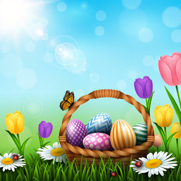 Easter greeting card with a full basket of colorful eggs and flowers in the grass