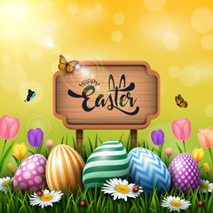 Easter greeting card with a wooden sign and colorful eggs and flowers in the grass