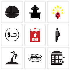 Set Of 9 simple editable icons such as slot machine, future city, palm tree flat, obesity, high risk, rebate, lucky draw, frustration, hardhat, can be used for mobile, web UI