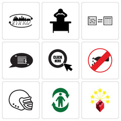 Set Of 9 simple editable icons such as lucky draw, good health, football helmet, no water, click here, statement, discip, frustration, future city, can be used for mobile, web UI