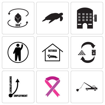 Set Of 9 simple editable icons such as tow truck, breast cancer ribbon, unemployment, commodities, reti, participation, lodging, sea turtle, 360 image, can be used for mobile, web UI