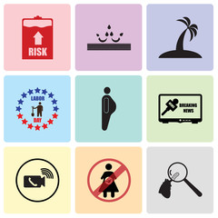 Set Of 9 simple editable icons such as cholesterol, abortion, video call, breaking news, obesity, labor day, palm tree flat, waterproof, high risk, can be used for mobile, web UI