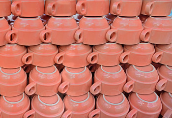 Colorful Ceramic Tea cups,with painted chickens Of Lampang Thailand , Vintage Color
