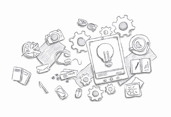 Drawn image of work table with objects