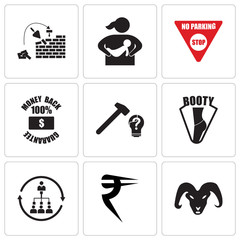 Fototapeta premium Set Of 9 simple editable icons such as ram, rupees, silence, booty, problem solving, money back guarantee, no parking, breastfeeding, reconstruction, can be used for mobile, web UI