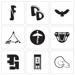 Set Of 9 simple editable icons such as rams, elevator, gf, diaper, medicare, swim bike run, hawk, double d, , can be used for mobile, web UI