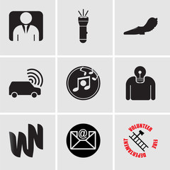 Set Of 9 simple editable icons such as volunteer fire department, email, wn, wise, music, connected car, shoe with wings, flashlight, default profile, can be used for mobile, web UI