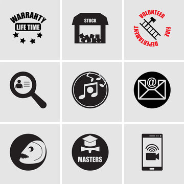 Set Of 9 simple editable icons such as video chat, masters degree, piranha, email, music, identify, volunteer fire department, free stock,, lifetime warranty, can be used for mobile, web UI
