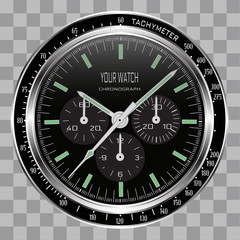 Realistic watch clock chronograph face stainless steel black dial on checkered pattern background vector illustration.