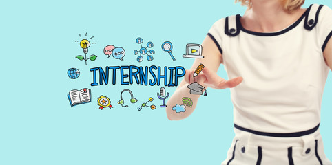 Internship concept with young woman on a blue background
