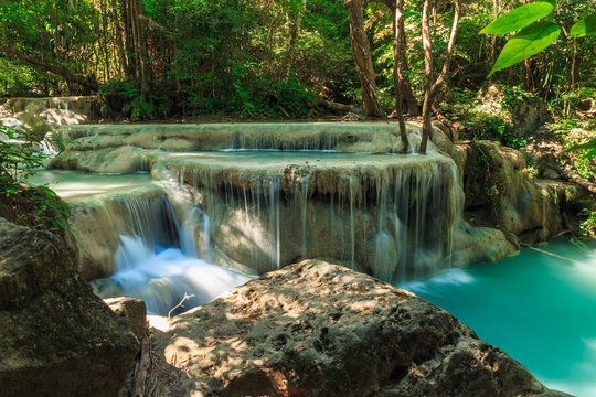 Small  Waterfall in tropical deep forest at Erawan National Park ,Kanchanaburi Province, Thailand
