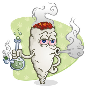 Marijuana Joint Cartoon Character Smoking a Bong