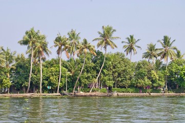 Panorama of the backwaters in rural Kerala (India) with palm trees, untouched nature, small houses & fishing boats on the waterway leading to Kochi & Alleppey on a sunny summer day with a clear sky