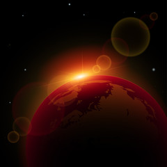 Ray sunlight in red cosmos over Earth. Vector background..