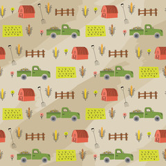 Corn farm pattern with barn, truck, fence, farm fork. A playful, modern, and flexible pattern for brand who has cute and fun style. Repeated pattern. Nature mood.