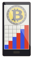 bitcoin coins with growth graph on a phone screen
