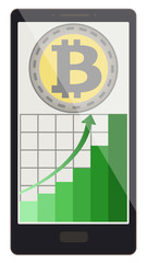 bitcoin coins with growth graph on a phone screen