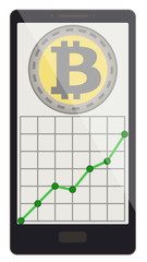 bitcoin coins with growth graph on a phone screen