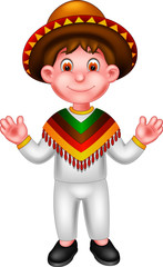 cute mexican boy cartoon standing with smile and waving