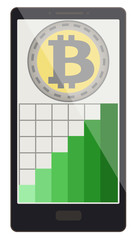 bitcoin coin with growth graph on a phone screen